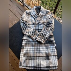 Express Double-Breasted Plaid Wool-Blend Overcoat – Brown/Black/White – XS